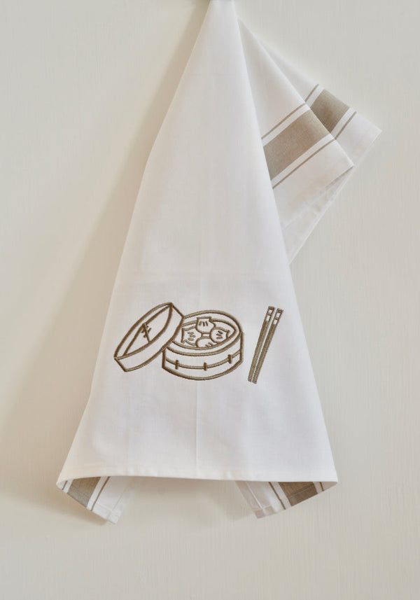 Embroidered Dim Sum Basket Tea Towel by Zest of Asia, Gold