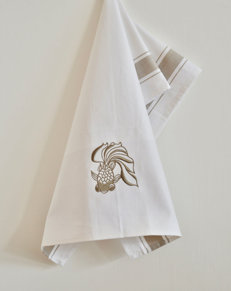 Embroidered Goldfish Tea Towel by Zest of Asia, Gold