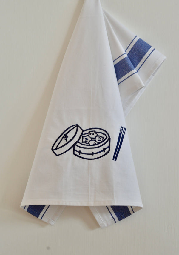 Embroidered Dim Sum Basket Tea Towel by Zest of Asia, Blue