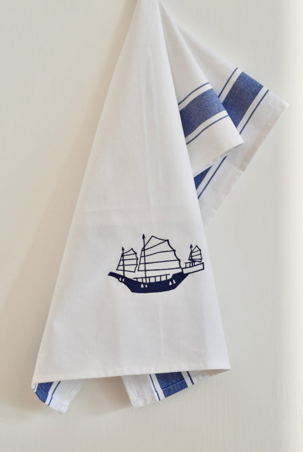 Embroidered Junk Tea Towel by Zest of Asia, Blue