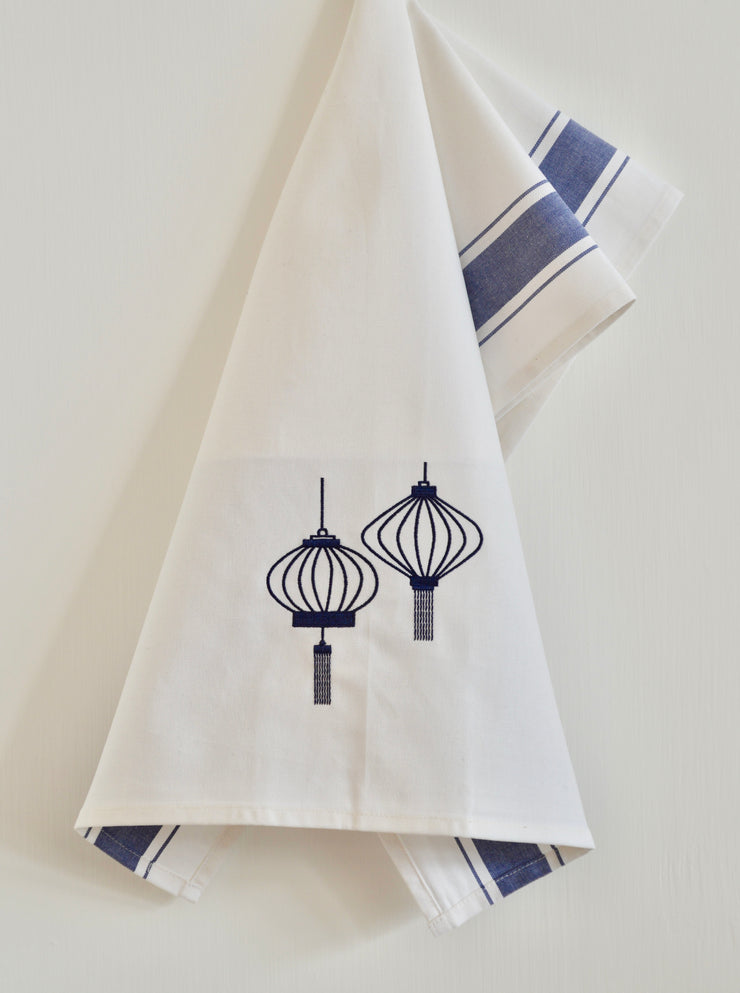 Embroidered Lanterns Tea Towel by Zest of Asia, Blue