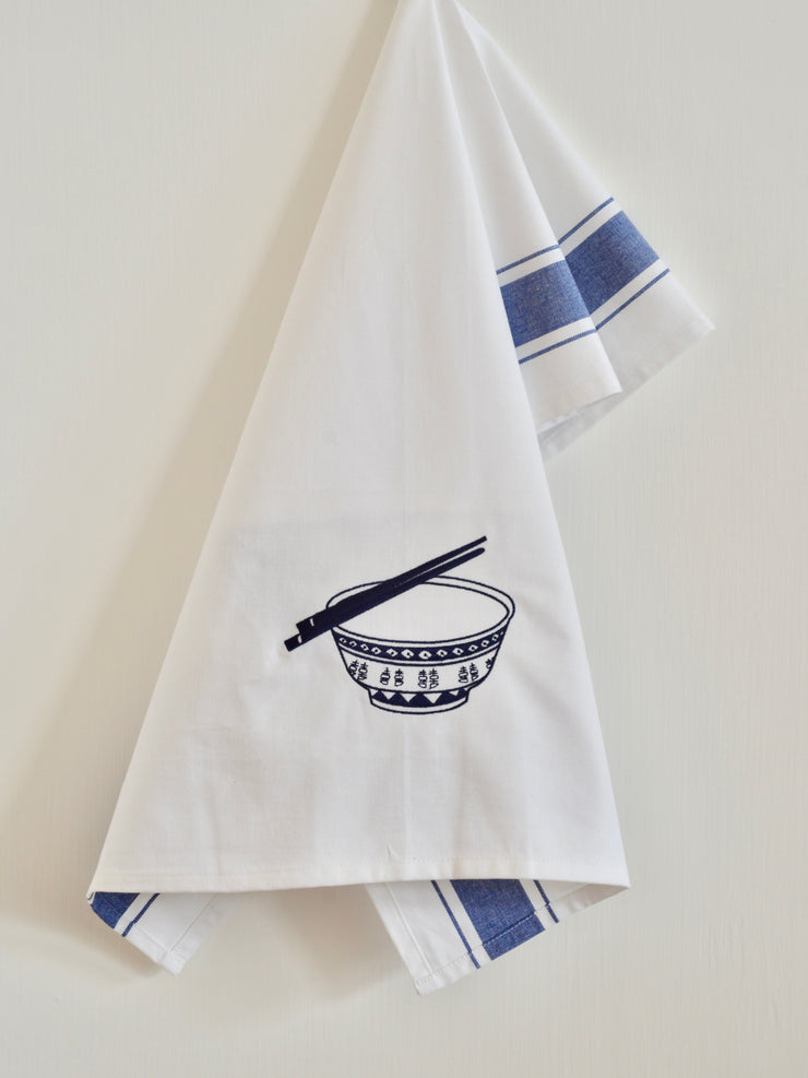 Embroidered Rice Bowl Tea Towel by Zest of Asia, Blue