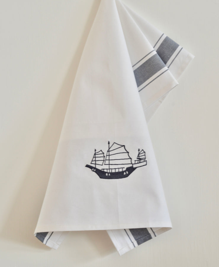 Embroidered Junk Tea Towel by Zest of Asia, Grey