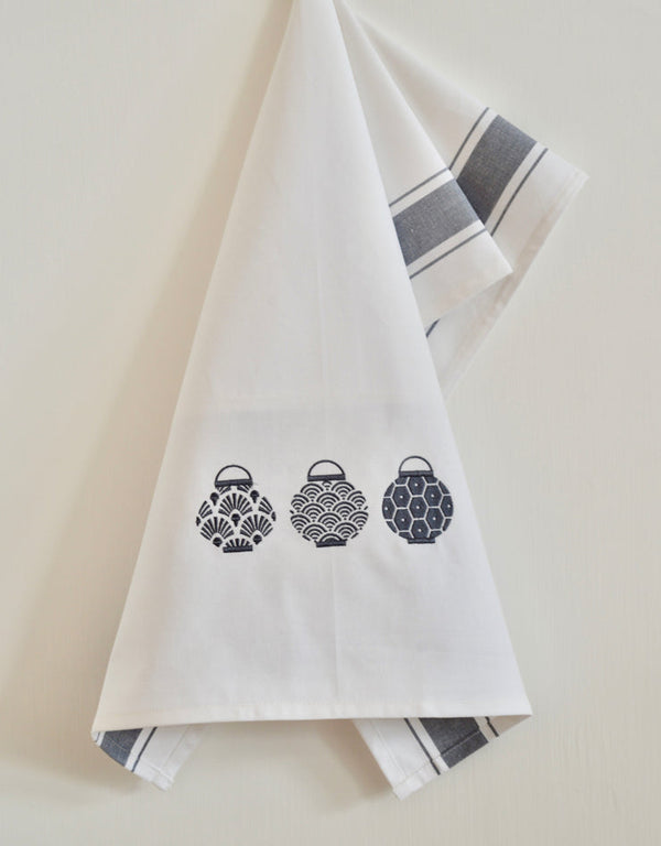 Embroidered Trio Lanterns Tea Towel by Zest of Asia, Grey