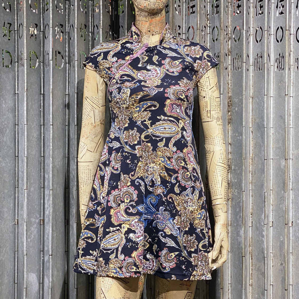 Paisley Qipao Dress, Navy/Nude