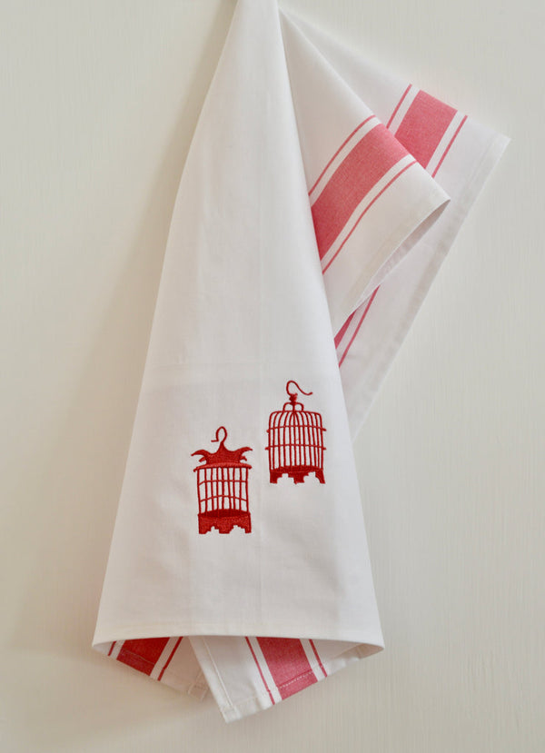 Embroidered Birdcages Tea Towel by Zest of Asia, Red