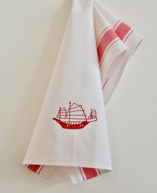 Embroidered Junk Tea Towel by Zest of Asia, Red