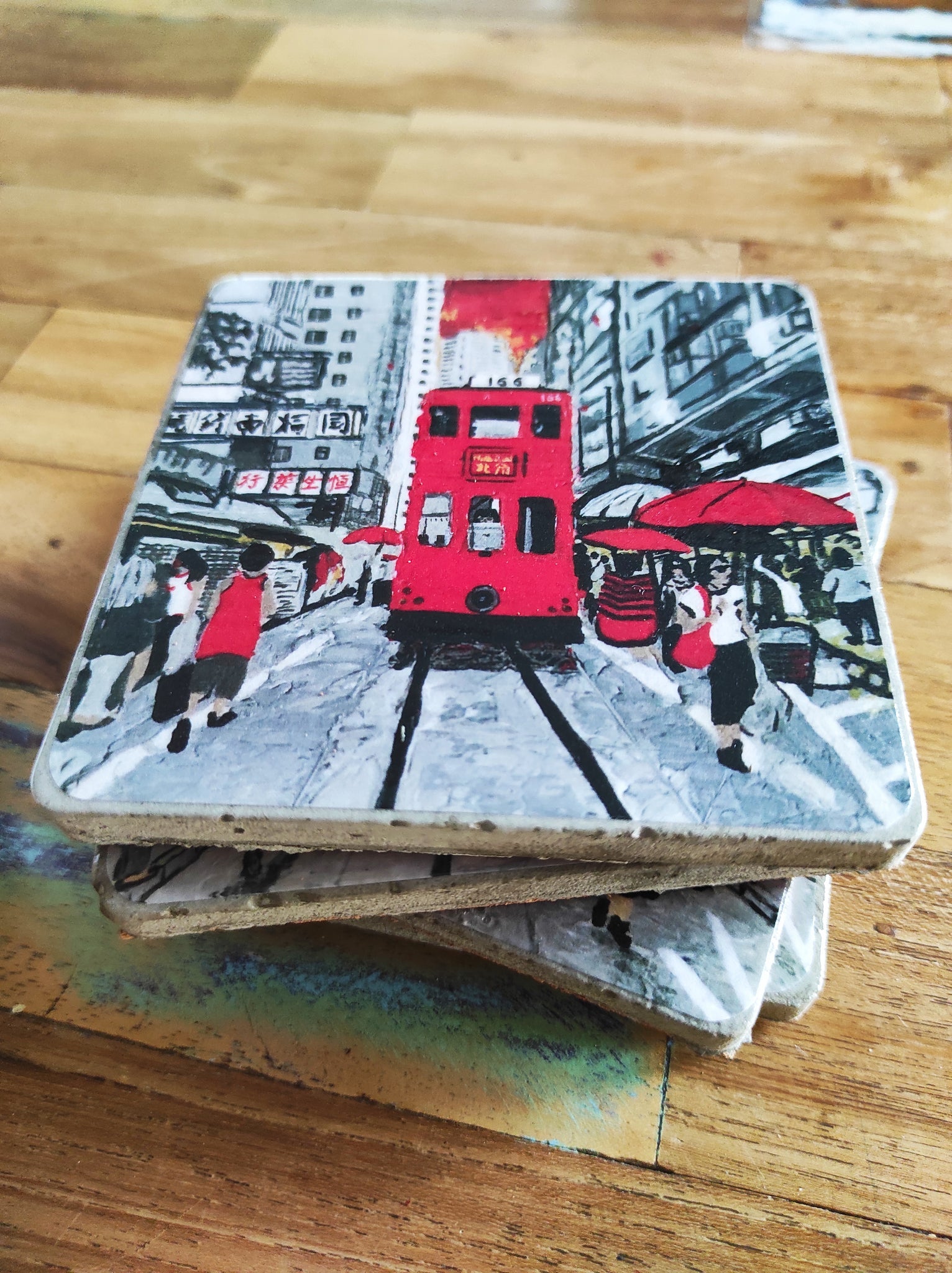 HK Trams Ceramic Coaster Set With Holder By diFV-art