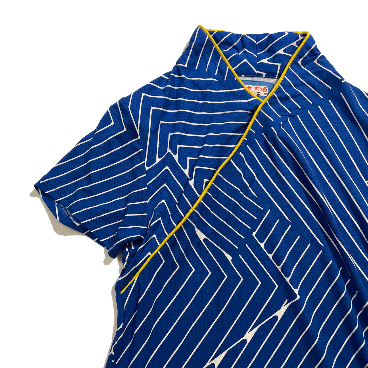 Stand Collar Mui Jai Top, Blue Striping/Yellow