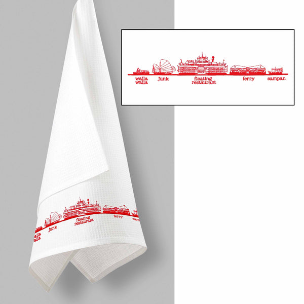 Harbour Vessels Embroidered Tea Towel, Red