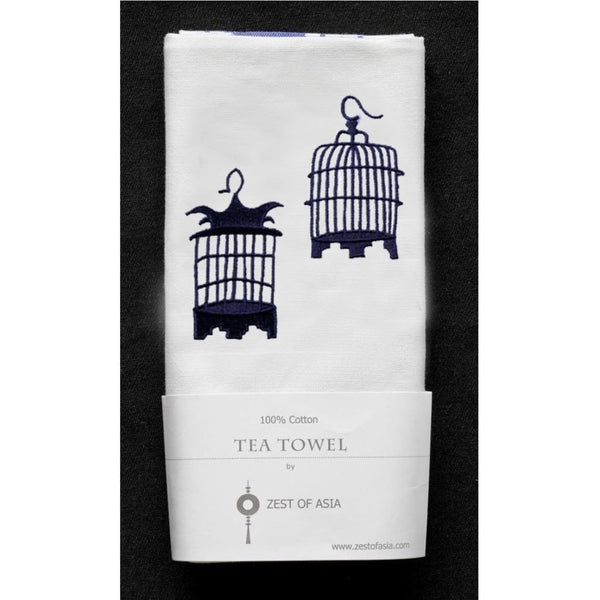 Embroidered Birdcages Tea Towel by Zest of Asia, Blue