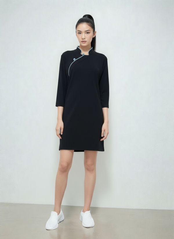 Viscose Half Sleeve Qipao Dress, Navy