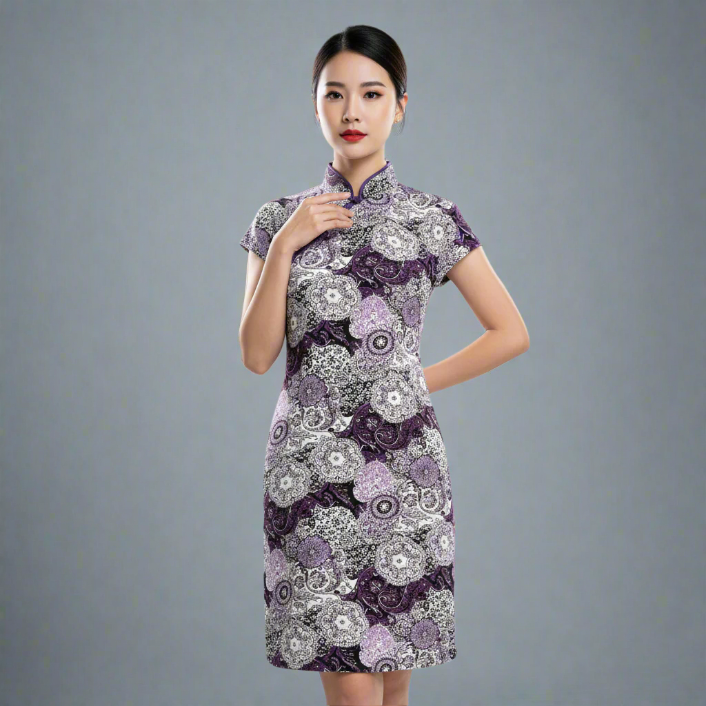 Purple Batik Floral Qipao Dress