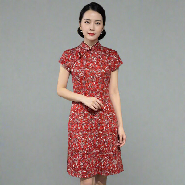 Red White Daisy Qipao Dress