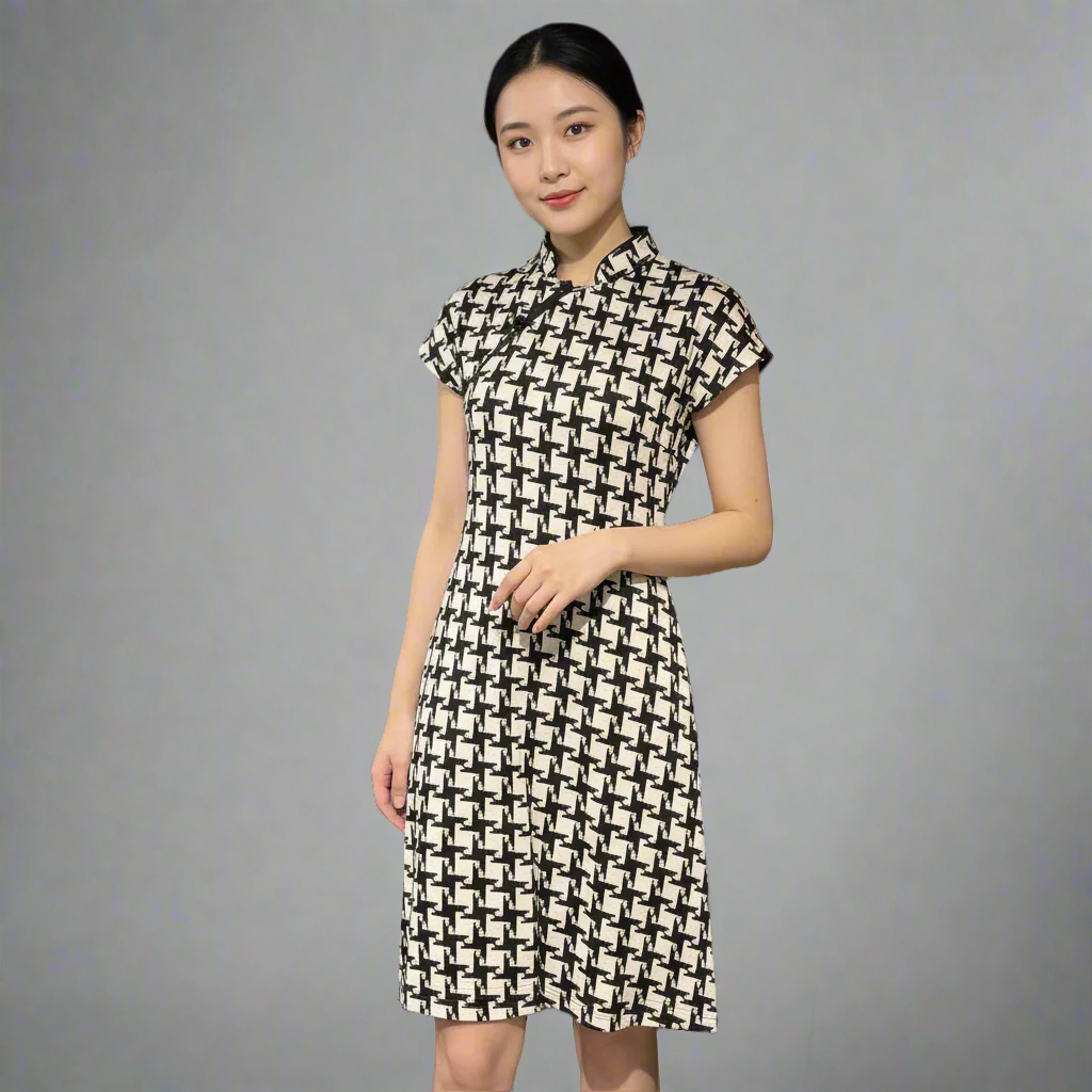 White Black Houndstooth Qipao Dress