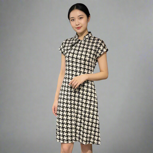 White Black Houndstooth Qipao Dress