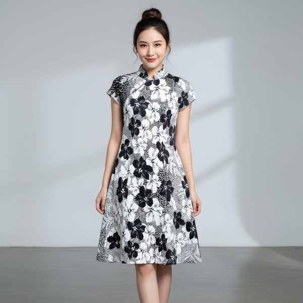 Blue Bauhinia Print Qipao Dress