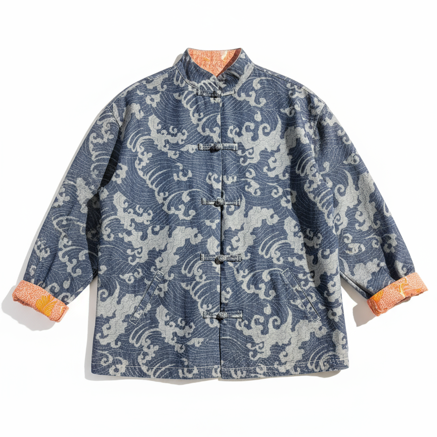 Denim Knot Button Jacket with Wave Print