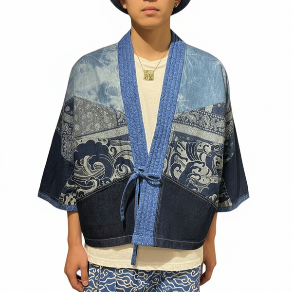 Denim Patchwork Kimono washed Jacket, Navy
