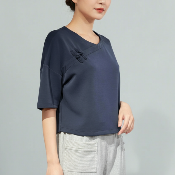 Viscose Cropped Knot Button Top, Navy