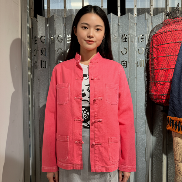 Denim Jacket Knot Button with 4 Pockets, Washed Hot Pink