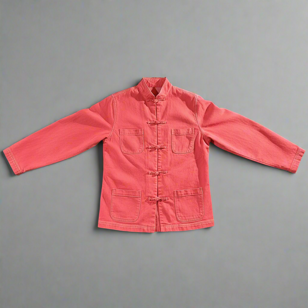 Denim Jacket Knot Button with 4 Pockets, Washed Hot Pink