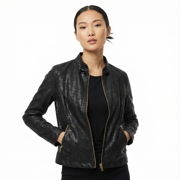 Faux Leather Zip Up Jacket, Black