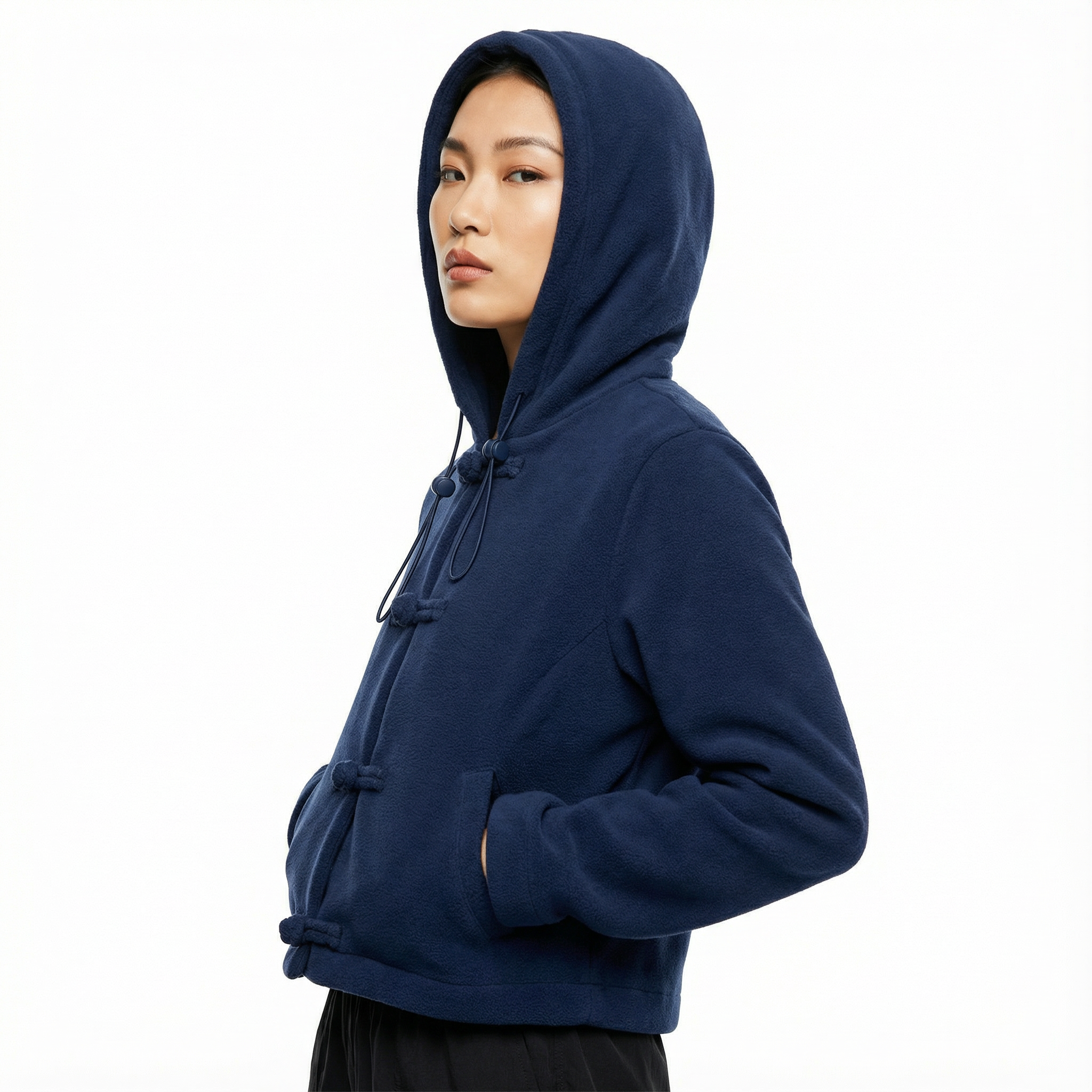 Woman Knot Button Cropped Hoodie, Navy
