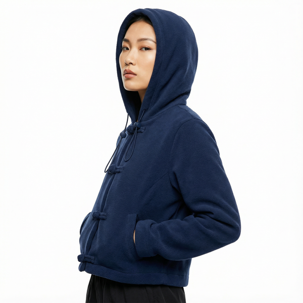 Woman Knot Button Cropped Hoodie, Navy