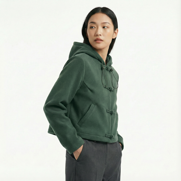 Woman Knot Button Cropped Hoodie, Green