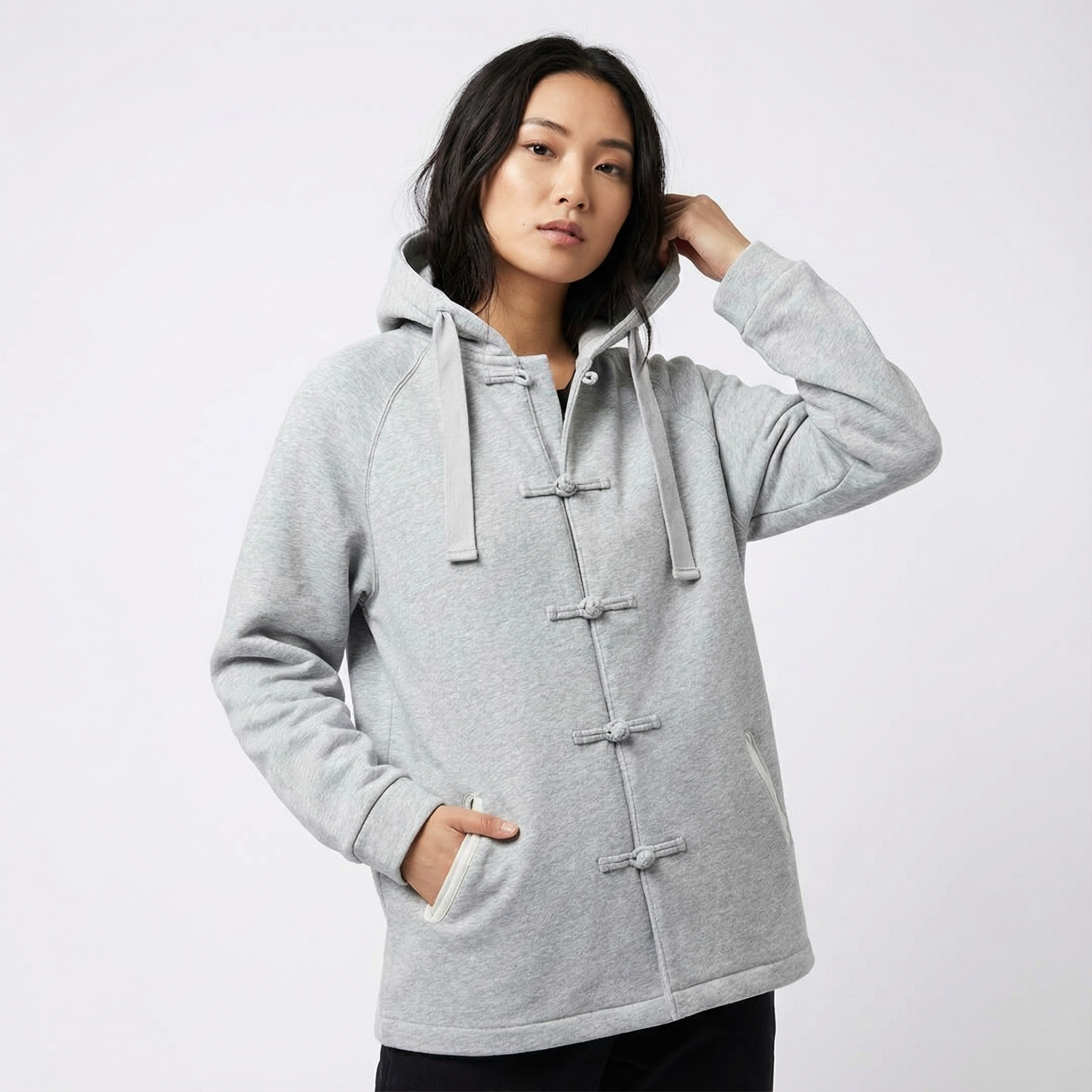 Knot Button Hoodie with grey drawstring, Grey