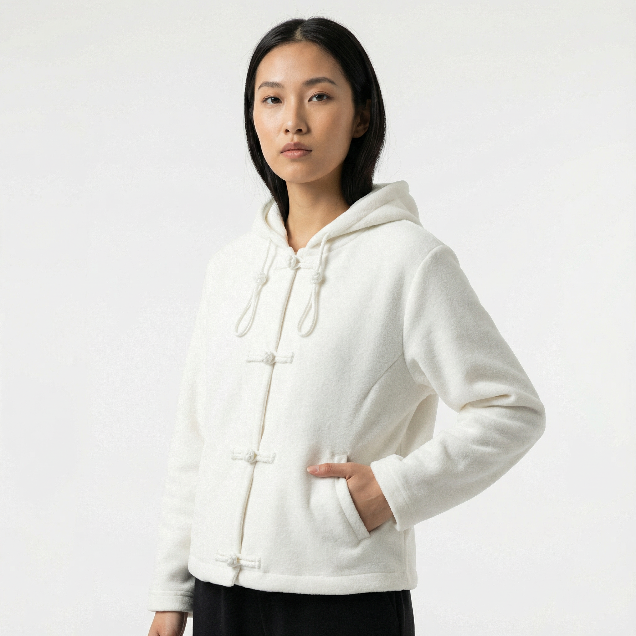Woman Knot Button Cropped Hoodie, White