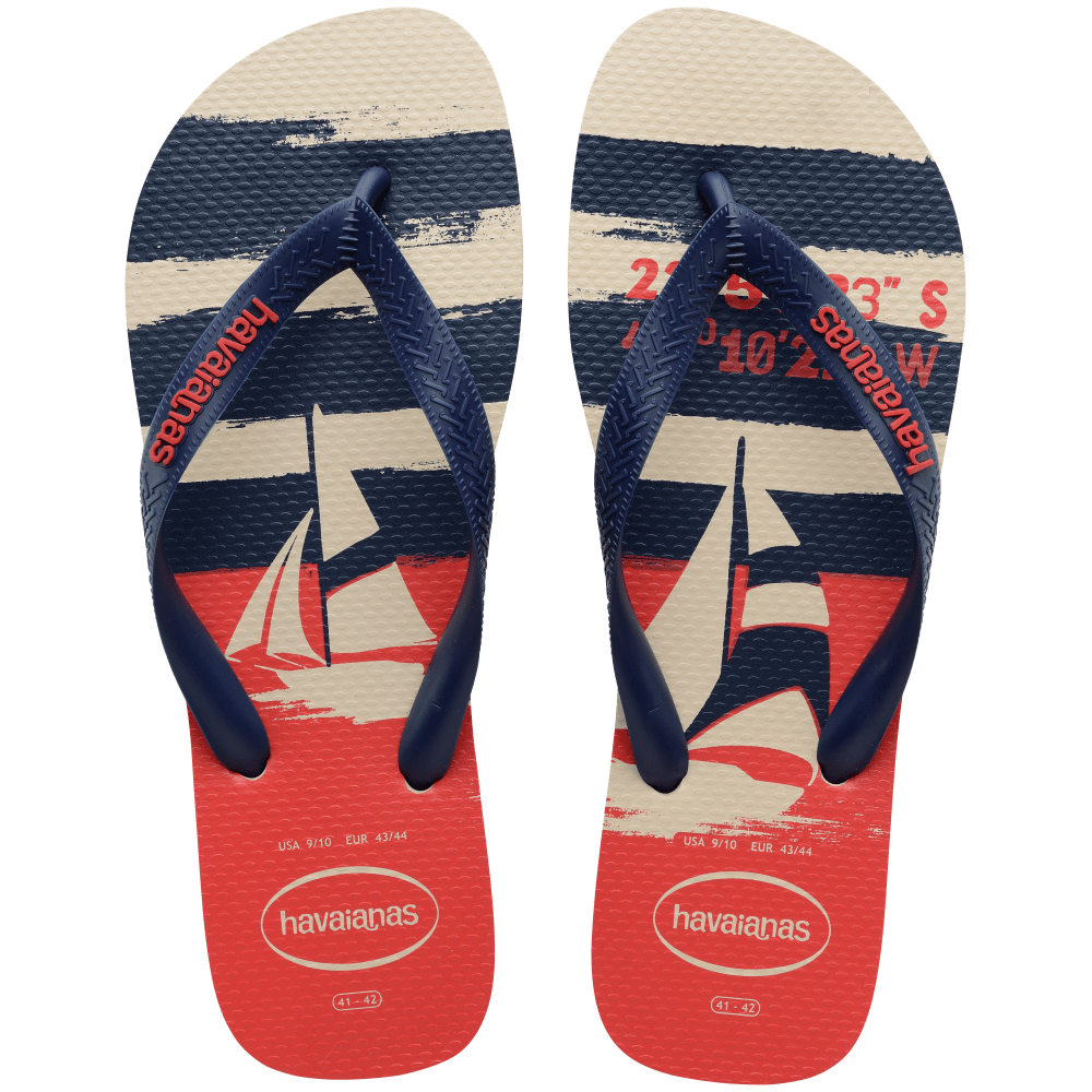 Nautical Slim Flip Flops by Havaianas, Beige straw/Navy Blue/Ruby Red