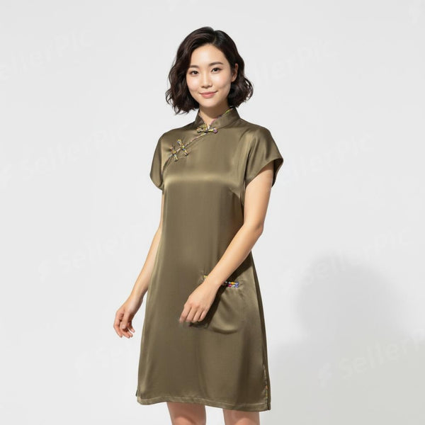 Satin Short Sleeve Qipao Dress, Olive