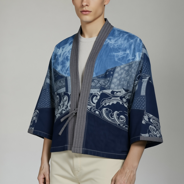 Denim Patchwork Kimono washed Jacket, Denim Blue