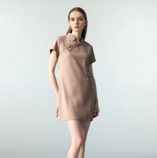 Satin Short Sleeve Qipao Dress, Light Pink