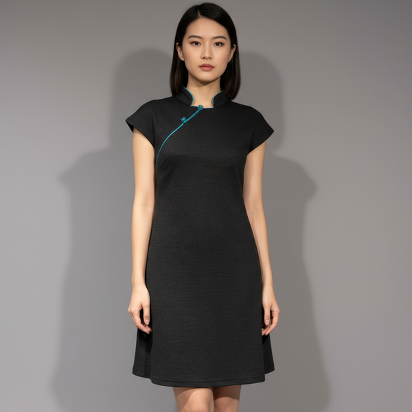 Black Qipao Dress with green piping