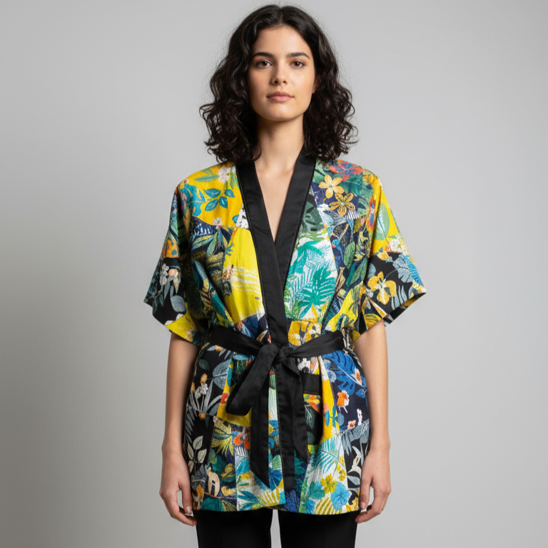 Cotton Patchwork Kimono Jacket, Tropical Floral