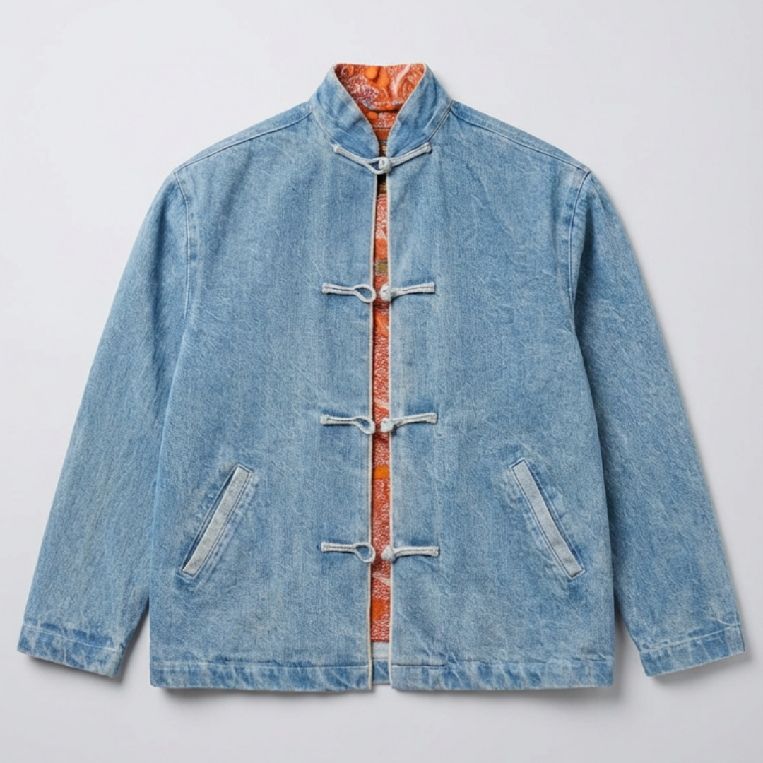 Denim Jacket with angled welt pockets, Dragon and Pheonix lining