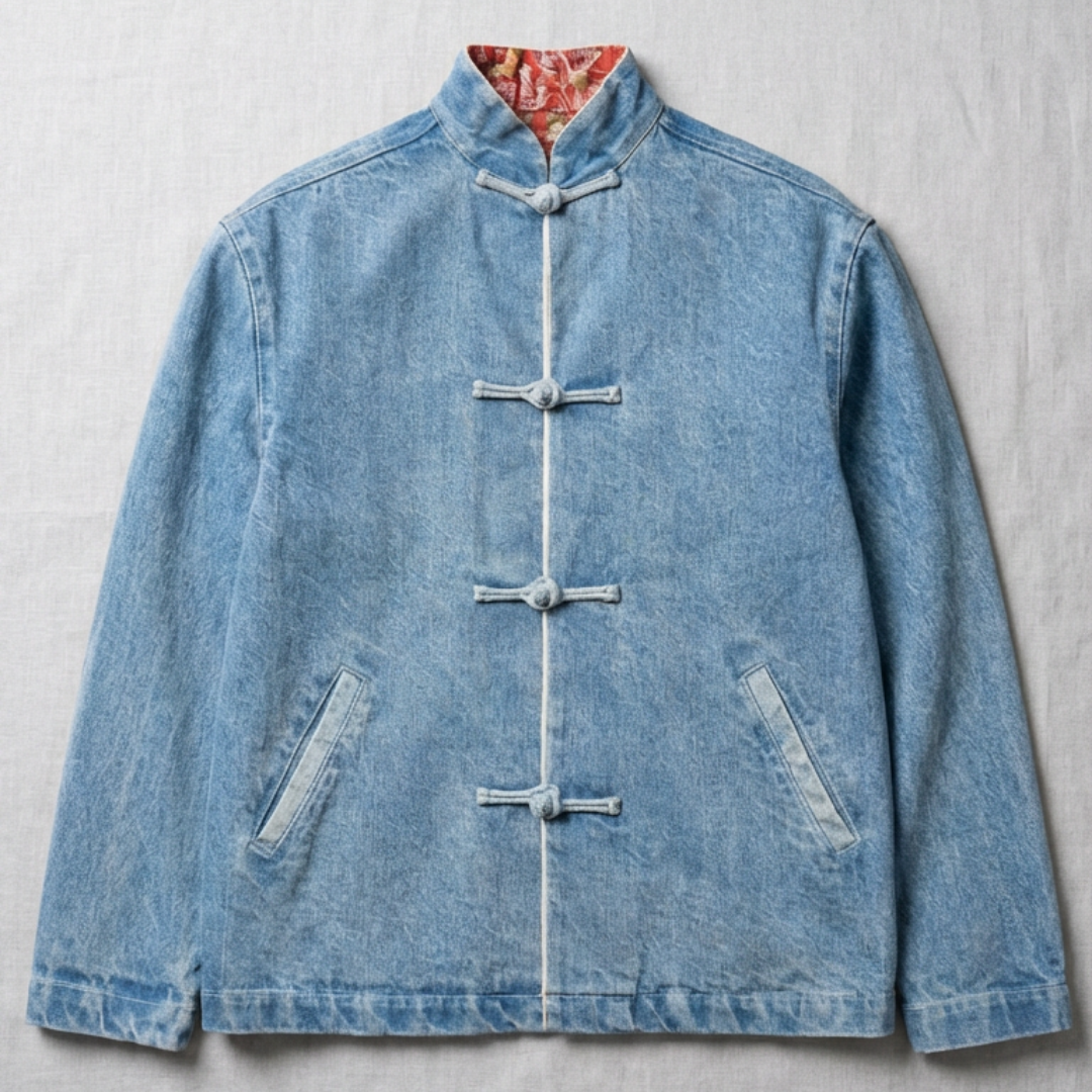 Denim Jacket with angled welt pockets, Dragon and Pheonix lining