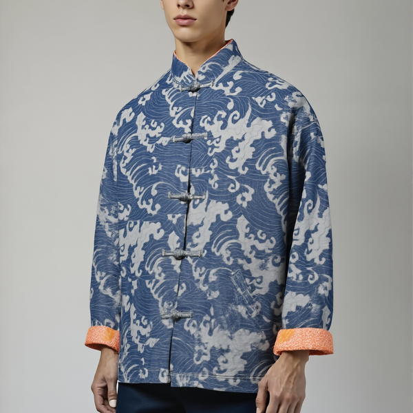 Denim Knot Button Jacket with Wave Print