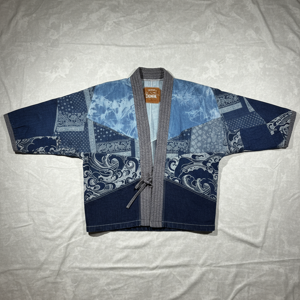 Denim Patchwork Kimono washed Jacket, Denim Blue