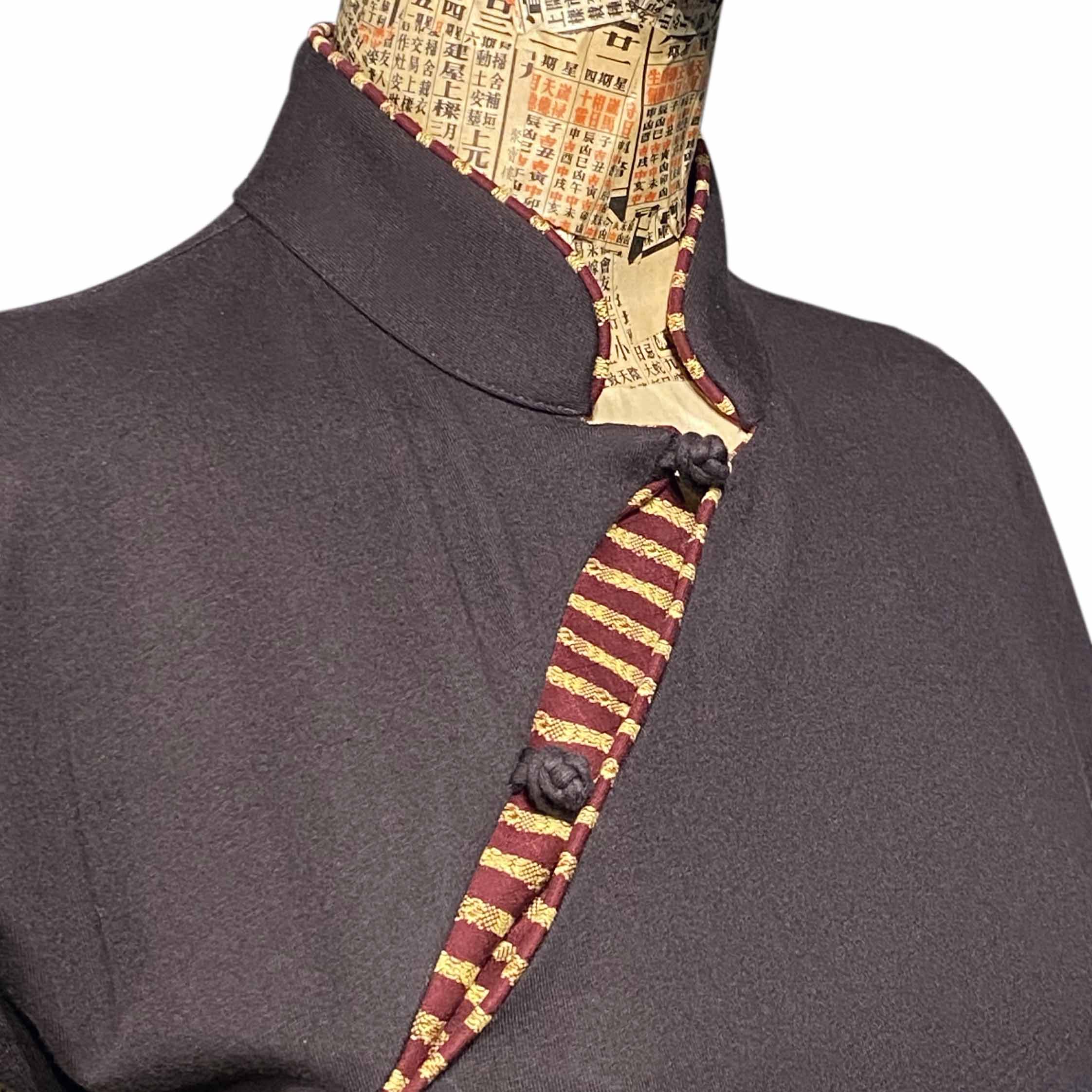Brown Qipao with Gold and Maroon Print Piping
