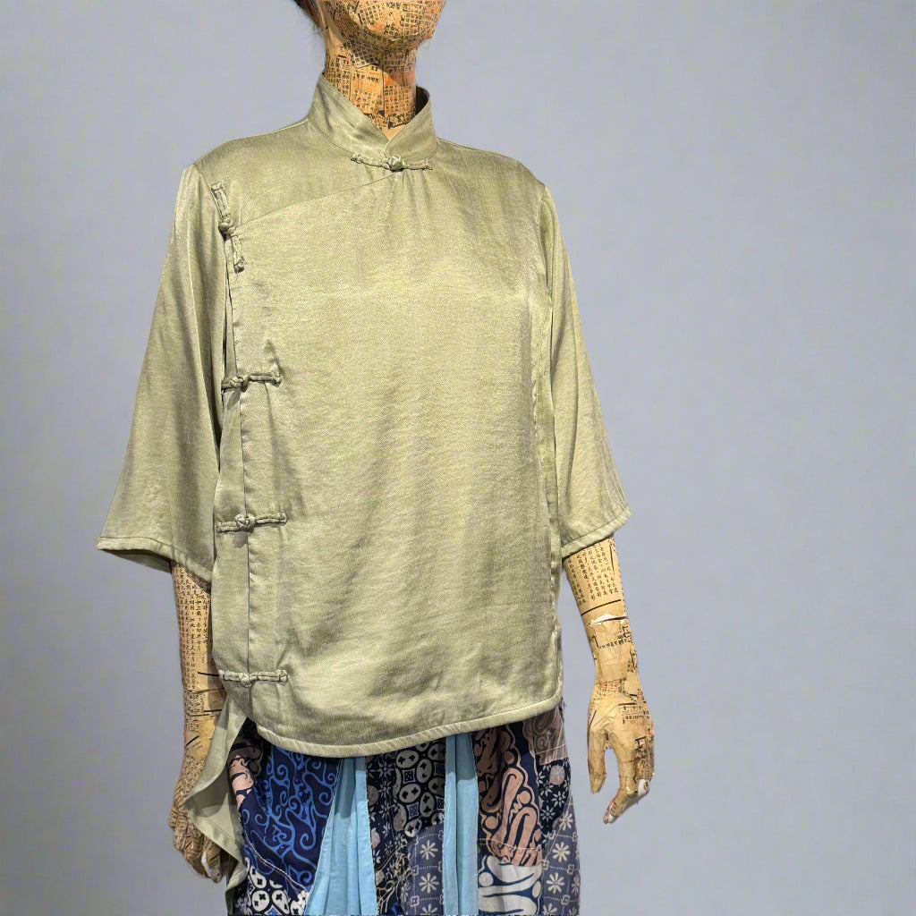 High Low Cheongsam with contrast lining, Olive Green