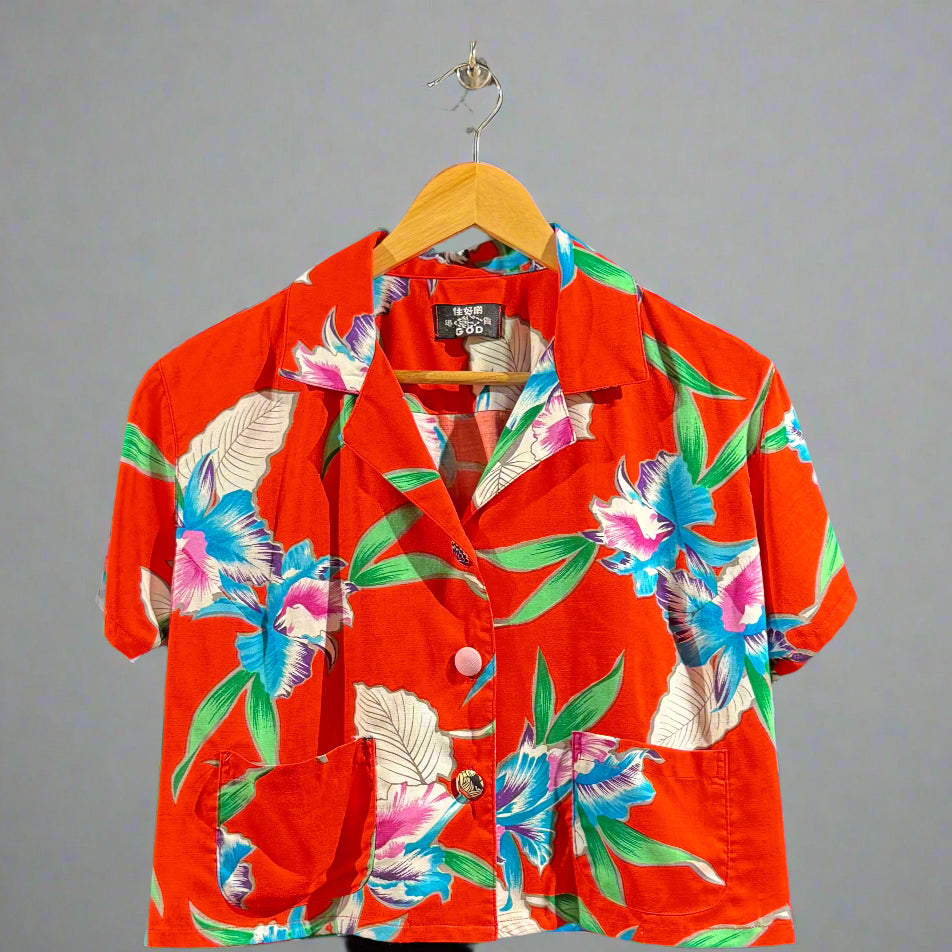 Woman cropped Hawaiian shirt, navy
