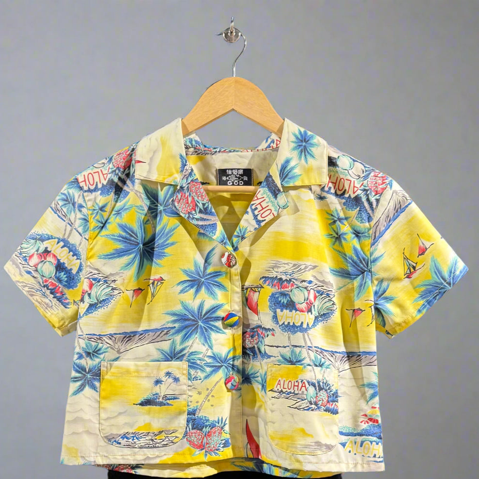 Woman cropped Hawaiian shirt, navy
