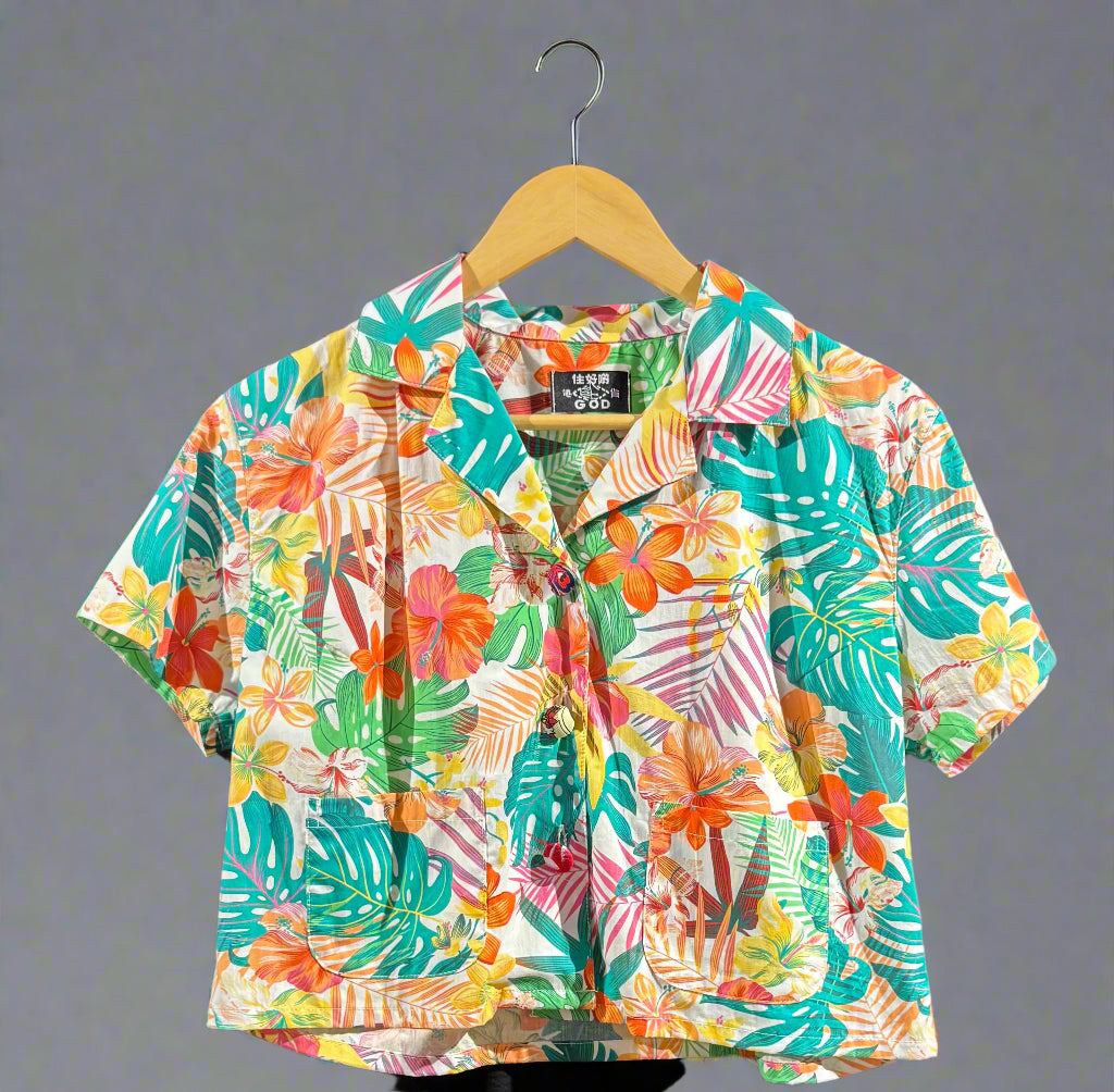 Woman cropped Hawaiian shirt, navy