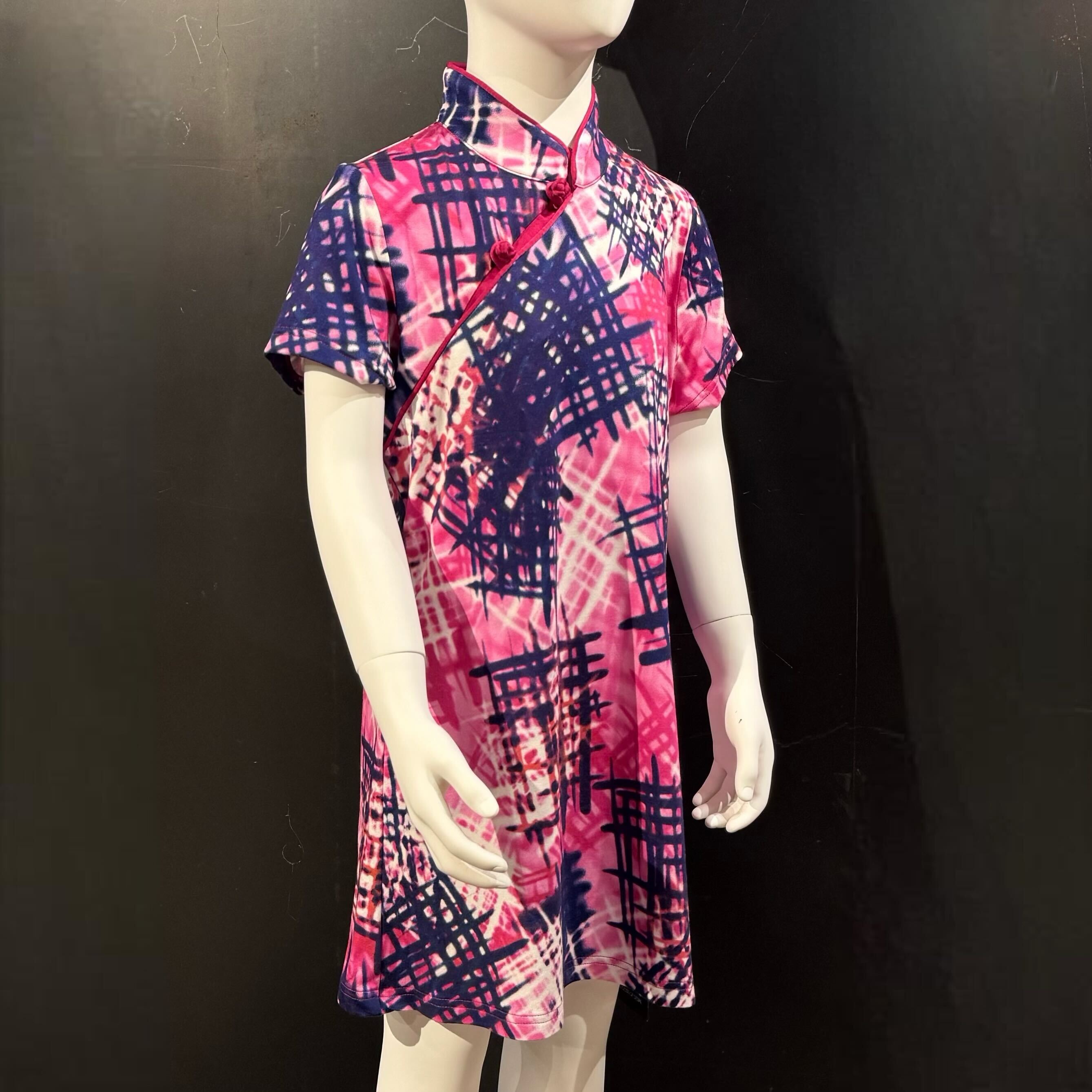 Kids Random Grid Qipao Dress, Pink