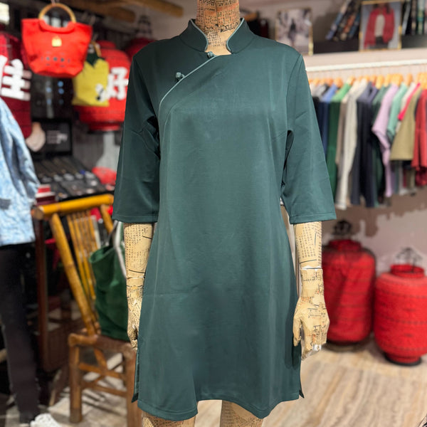 Viscose Half Sleeve Qipao Dress, Green