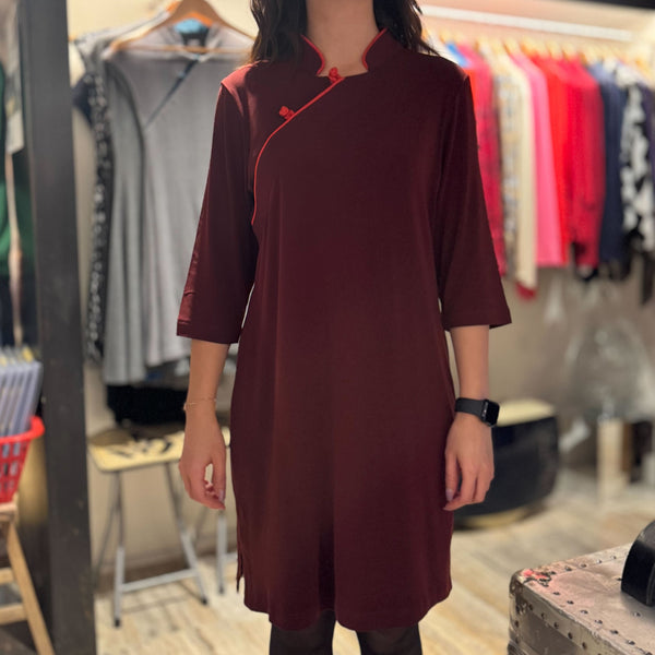 Viscose Half Sleeve Qipao Dress, Burgundy